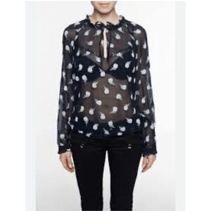 Rag & Bone Womens Small Bennett Silk Blouse Blue Embossed Sheer Long Sleeve
